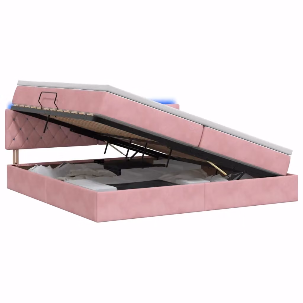 Letto con contenitore e illuminazione LED vidaXL in velluto rosa, L/P/H: 200 x 200 x 88 cm – 2
