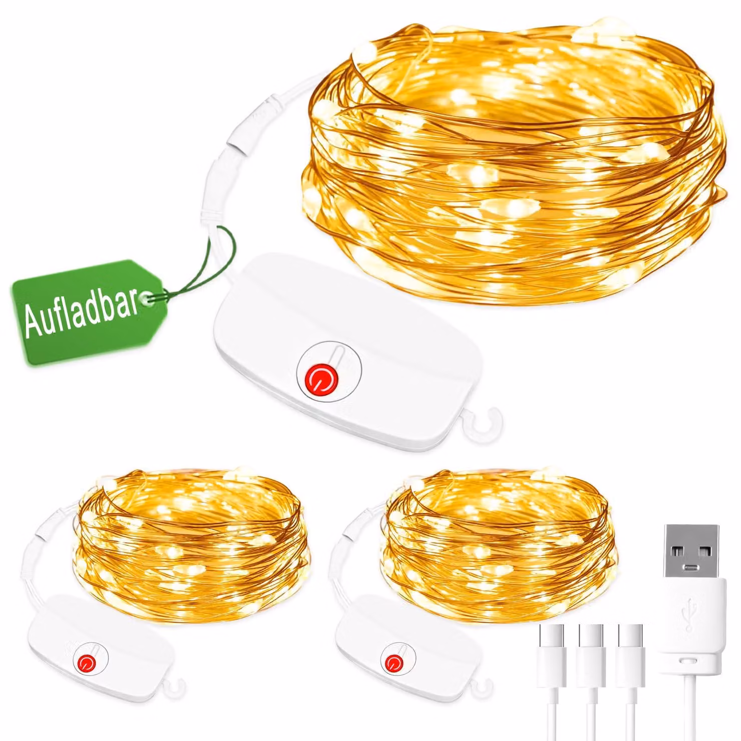 Mini catena luminosa, 3 metri, 30 LED, luce calda, ricaricabile, confezione da 3 pezzi