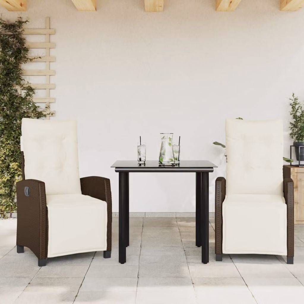 Set da pranzo da giardino vidaXL in polyrattan marrone con cuscini e tavolo in vetro