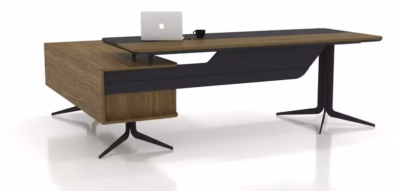 Scrivania moderna, combinazione legno e metallo, design nero