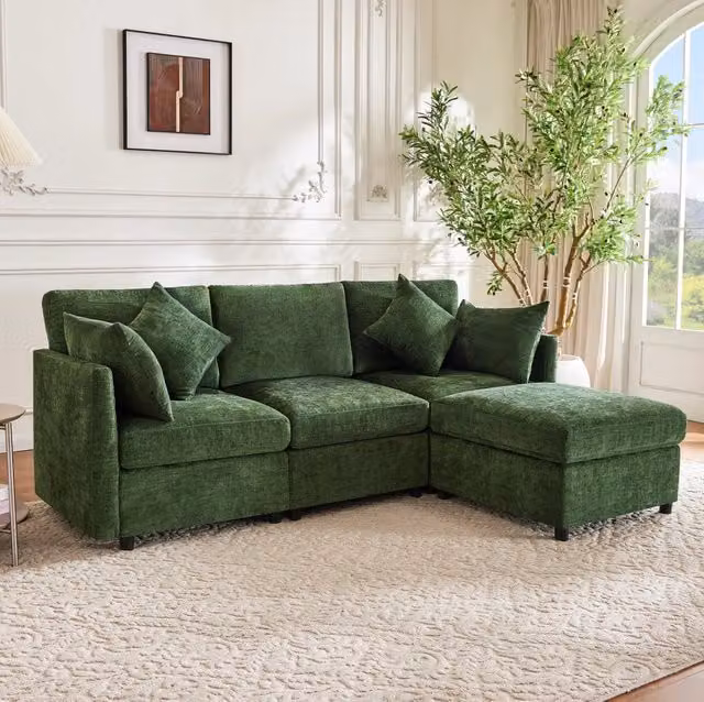 Sofa modulare angolare 216x161x81 cm in chenille verde; con pouf mobile e 4 cuscini