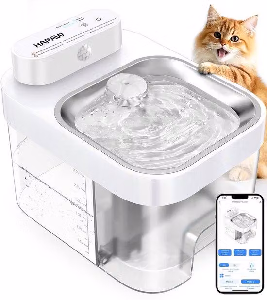 Fontana per gatti con monitoraggio tramite app, sistema di alimentazione dell'acqua da 3 litri e sistema di scarico da 1,35 litri, vasca artificiale per gatti, erogazione automatica dell'acqua a batteria.