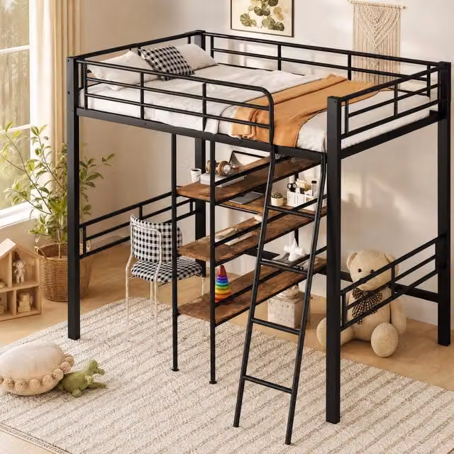Letto a soppalco in metallo 90x200 cm con scrivania; mensole; sponda e scaletta; nero