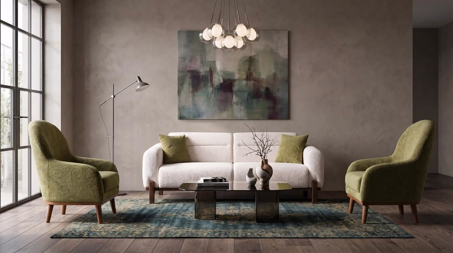 Divano e poltrona moderni, color beige-verde, set per soggiorno, divani in tessuto