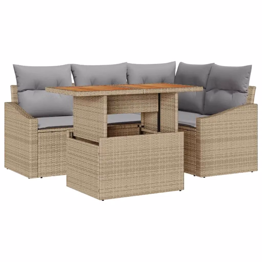 Set Divano da Giardino a L vidaXL 5 Pezzi in Polyrattan Beige con Tavolino e Cuscini – 2