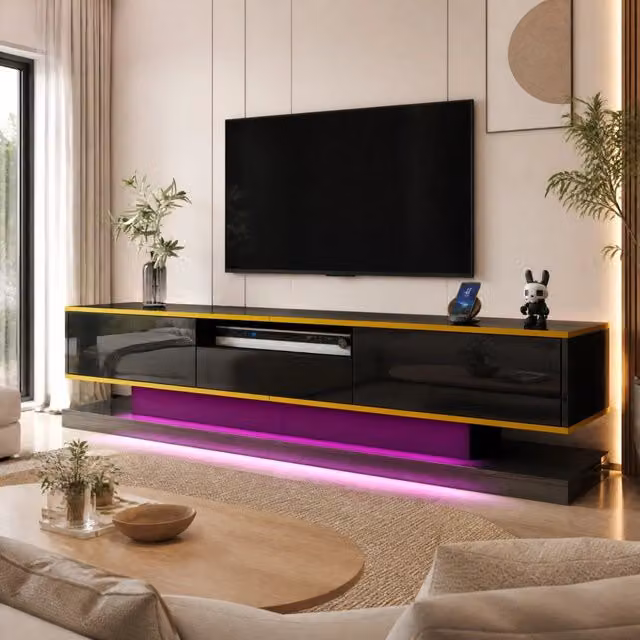 Mobile TV 180x38x45 cm con 3 cassetti e LED multicolore in pannello di particelle nero e oro