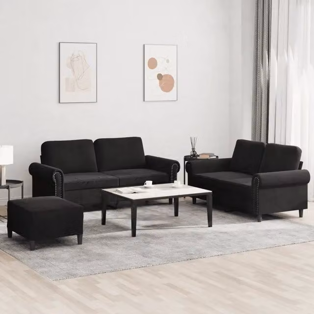 Set di 3 divani vidaXL in velluto nero con cuscini per soggiorno in stile moderno