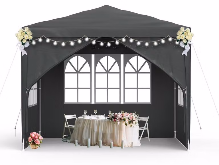 Tenda da giardino 3x3 metri con pareti laterali e finestre, colore antracite, realizzata in poliestere, con protezione UV e impermeabile