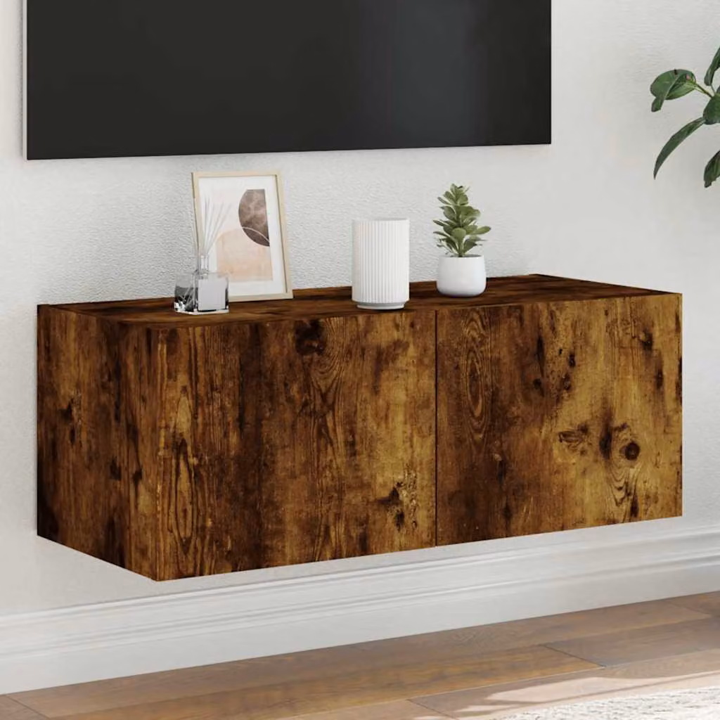 Mobile TV a parete vidaXL con luci LED integrate in rovere fumo, L 80 cm x P 35 cm x H 31 cm