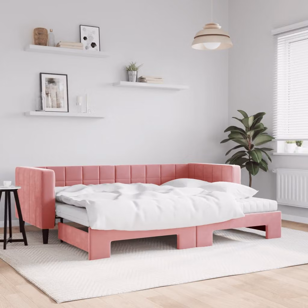 Divano Letto Estraibile vidaXL in Velluto Rosa con Materasso, L/P/H: 223 x 80 x 68 cm