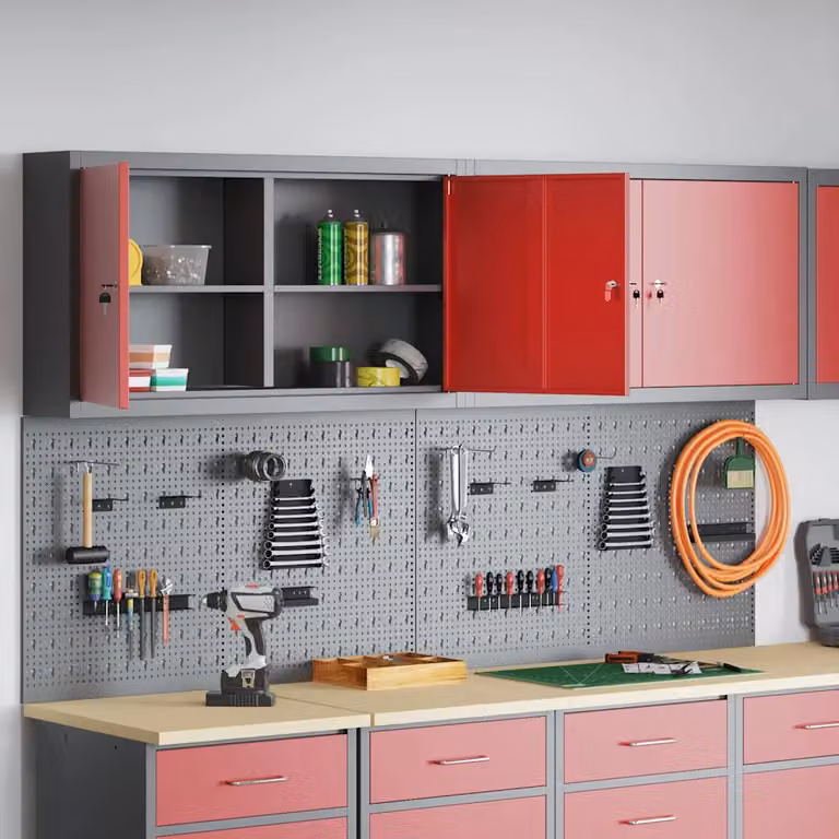 Set di 6 armadi per attrezzi con scaffale vidaXL in acciaio, rosso e grigio, montabili a parete