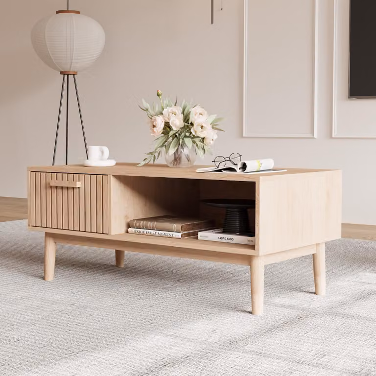 Tavolino moderno in legno con spazio aperto e cassetti, 100 x 50 x 43 cm, colore legno