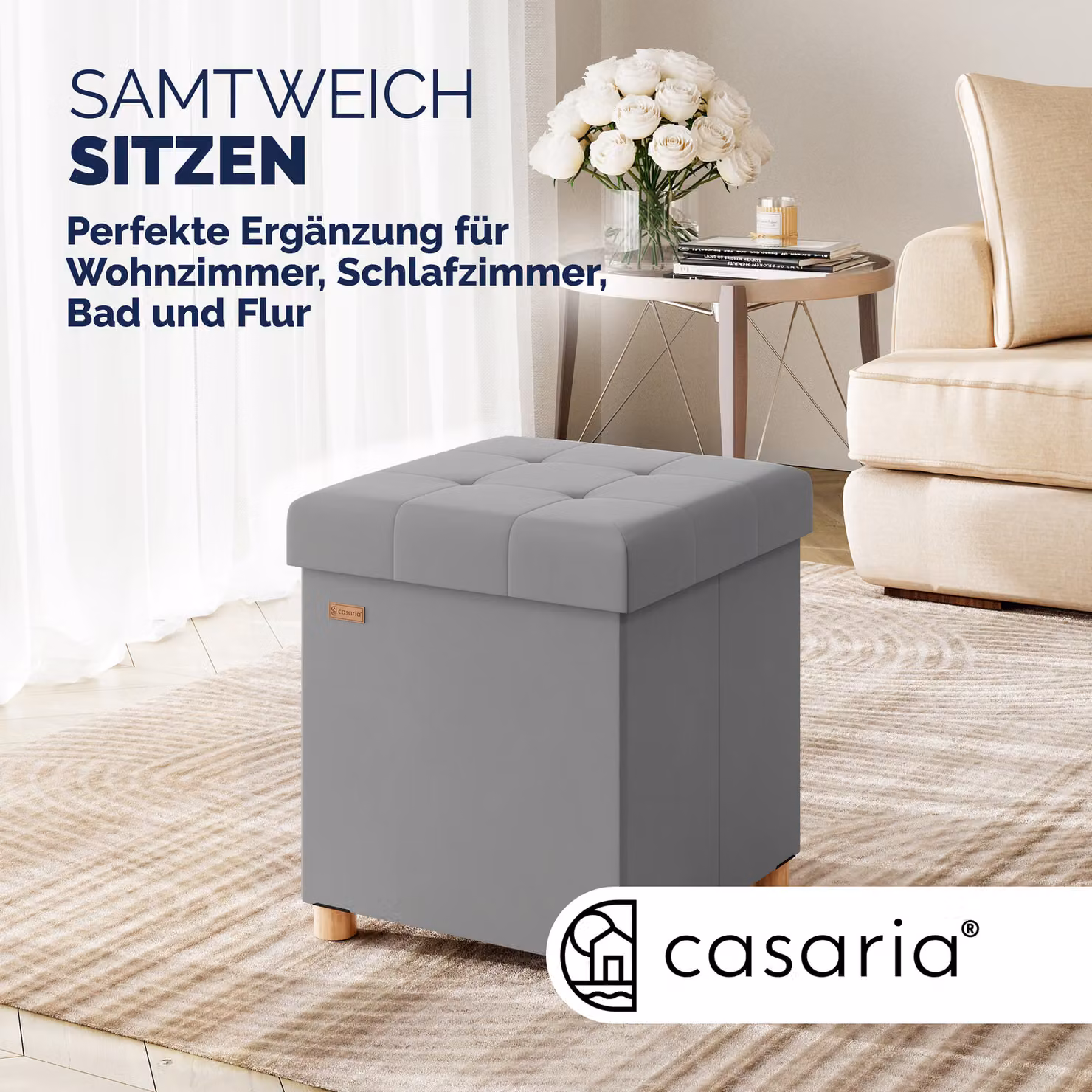 Sgabello pieghevole Casaria in velluto grigio con struttura in legno L: 38 cm, P: 38 cm, H: 42 cm – 2
