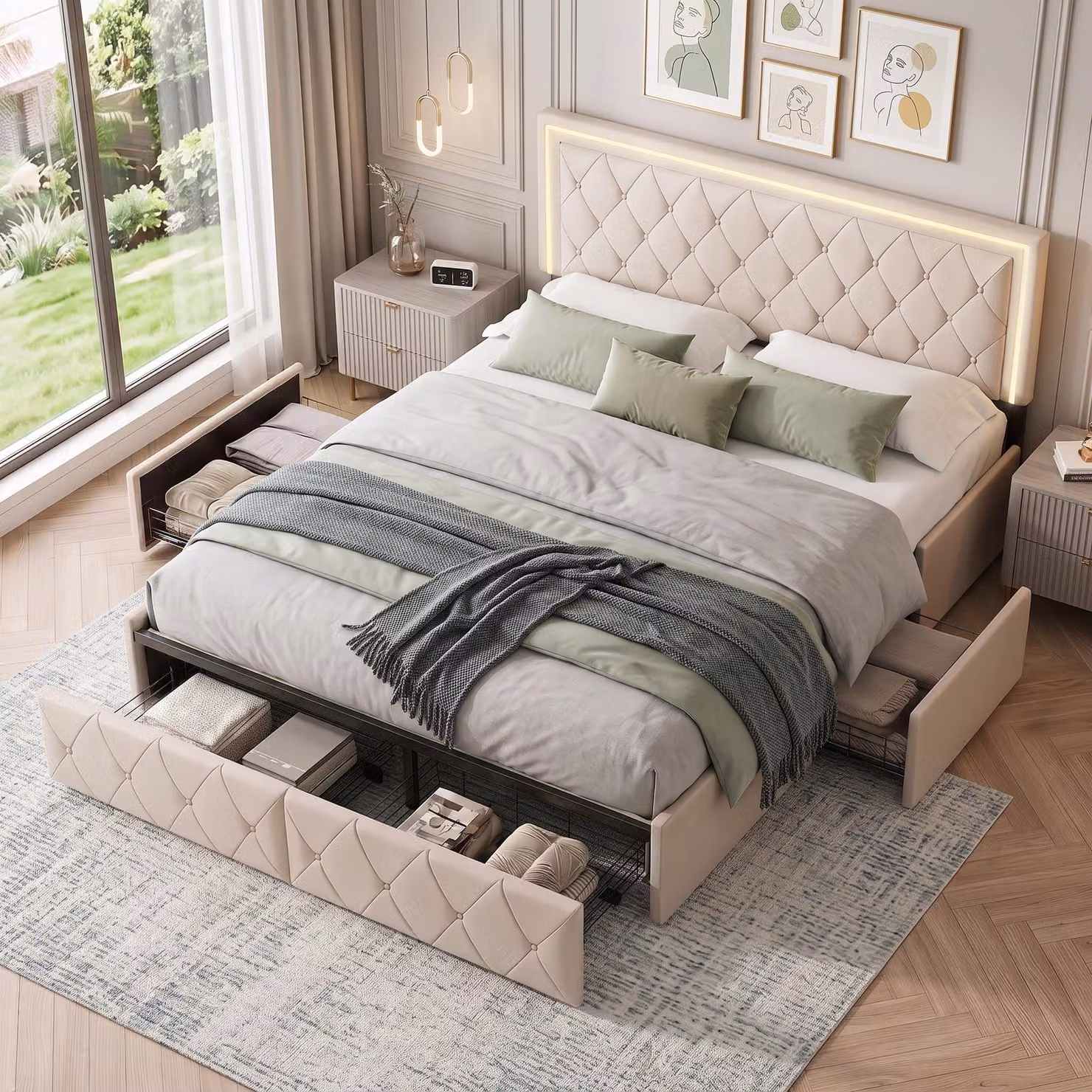 Letto imbottito INONEFT, 160x200 cm, con 4 cassetti e illuminazione LED, letto matrimoniale con contenitore, testiera regolabile in altezza e rete a doghe, adatto anche per ragazzi, rivestito in PU, colore beige