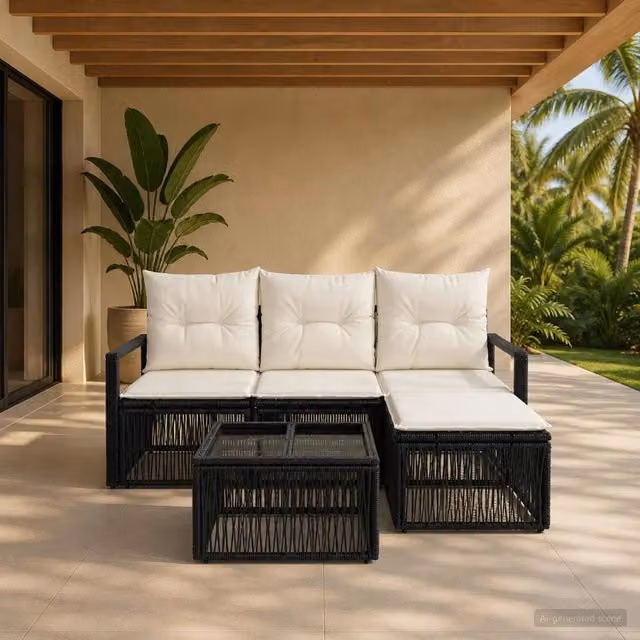 Set Divano da Giardino a L con Poltrona e Tavolino vidaXL Nero con Cuscini e Struttura in Metallo – 1