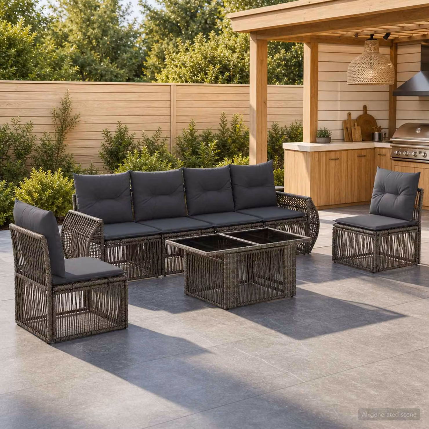 Set Divano da Giardino vidaXL 7 Pezzi in Polyrattan Grigio e Antracite con Cuscini e Tavolino