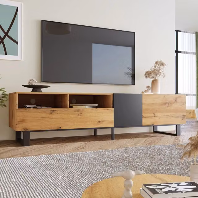 Mobile TV Mivray moderno in MDF marrone con due cassetti, ante push-open e piedi in metallo L: 180 cm, P: 38 cm, H: 50 cm