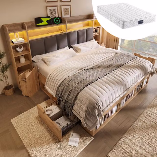 Letto Matrimoniale 160x200 in Legno Rovere con Testiera Imbottita LED; Prese USB e Type-C; Cassetti e Comodini Mobili