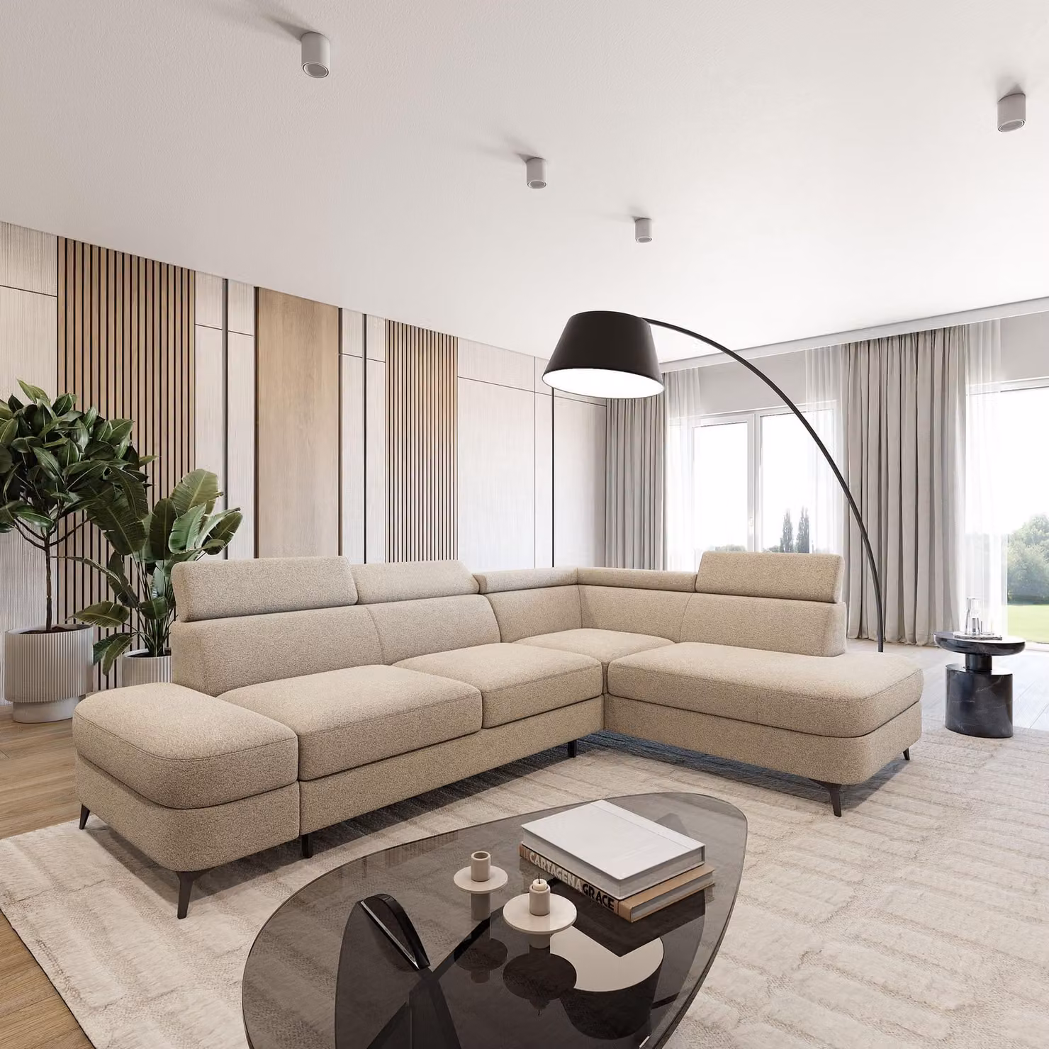 Divano ad angolo Masseno AVISE Q R-S con funzione letto a L, divano con contenitore, divano da salotto, divanetto, divano letto, set di divani - Beige, QUELLE 05