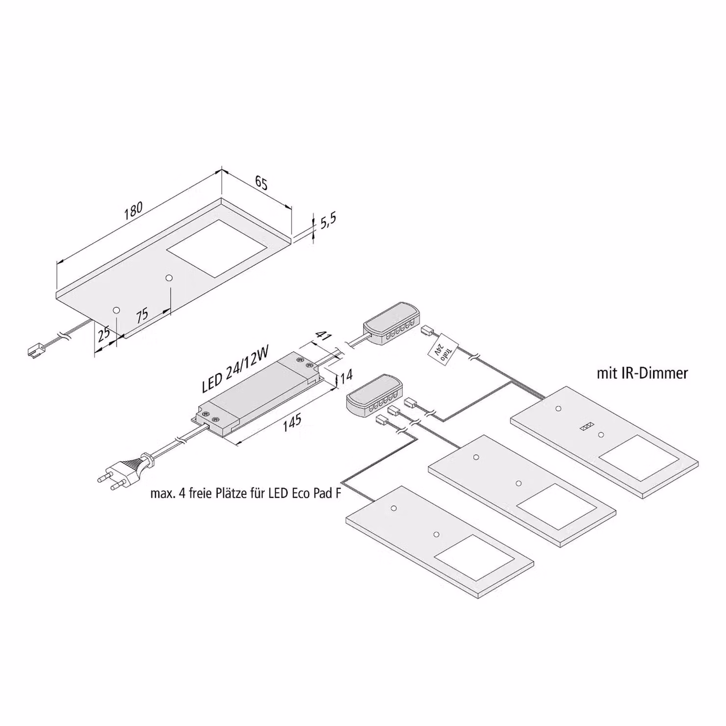 Hera Lampada LED mobili Eco-Pad F set 3x 3.000K alu F, dimmerabile, Alluminio / Grigio / Zincato, Cucina, Alluminio, Moderno, Lampade per mobili
