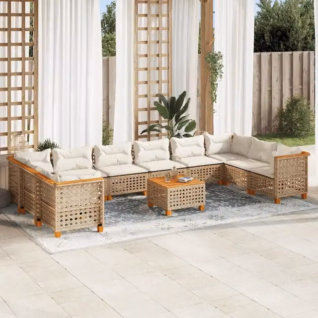 Set da giardino moderno vidaXL in polyrattan composto da 11 pezzi con cuscini beige e tavolino da esterno