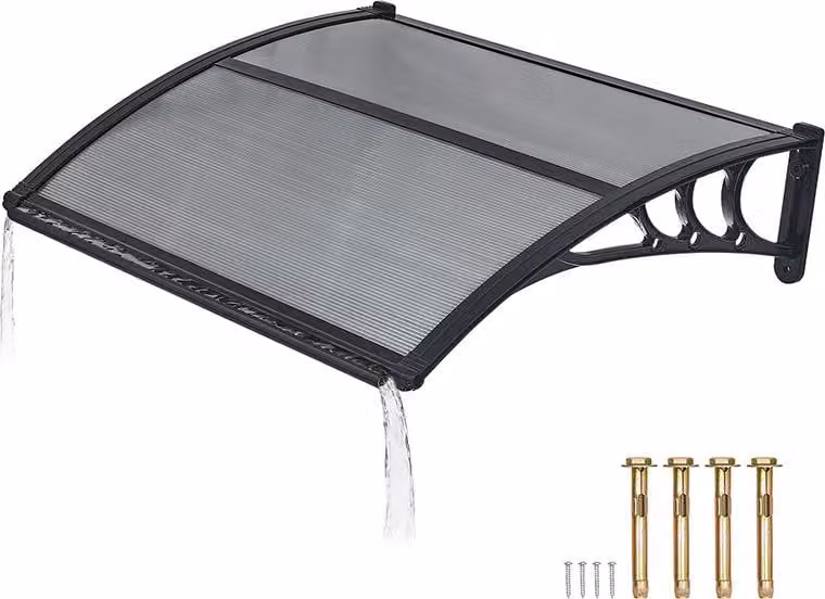 SucceBuy Tettoia per porta d'ingresso 755x1000 mm, design arcuato con drenaggio, copertura con supporto in ABS, protezione da pioggia, neve e sole, tetto in policarbonato per veranda e terrazza, grigio fumo