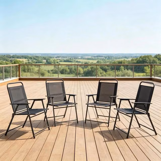 Set 4 sedie da giardino pieghevoli ULEVR 65x60x94 cm con braccioli e schienale alto, acciaio e Textilene nero
