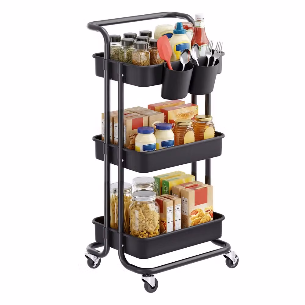 Carrello Multiuso con Ruote Manico e Organizzatori, Nero / 3 Livelli(86,3H cm)
