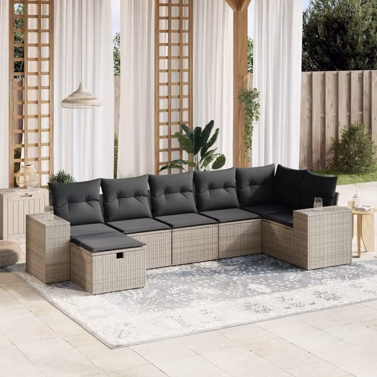 Set di divani da giardino vidaXL a forma di L composto da 7 pezzi con cuscini grigi in rattan e struttura in metallo