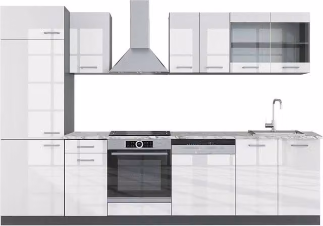 Cucina componibile moderna R-Line Vicco Bianco lucido e Antracite, L: 300 cm