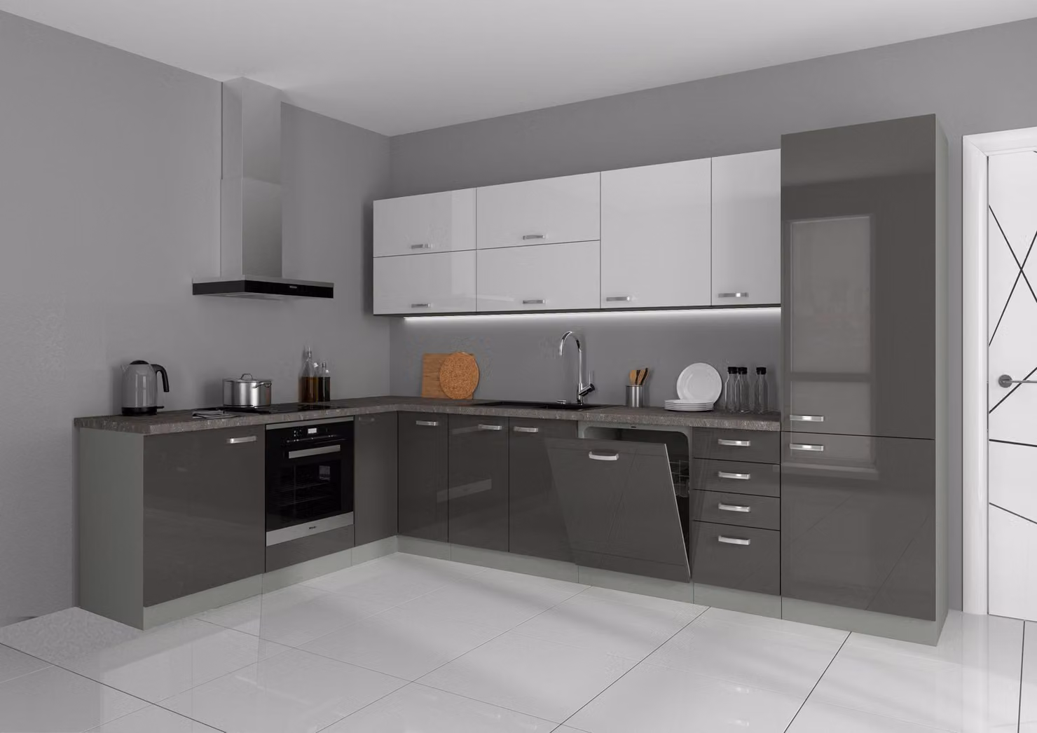 Cucina Bianca Angolo IV 210x330 Cucina a vista Grigio lucido Bianco Blocco cucina Grigio