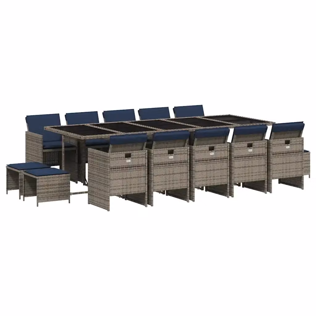 Set da pranzo da giardino vidaXL in polyrattan con tavolo in vetro e 15 pezzi, Grigio – 2