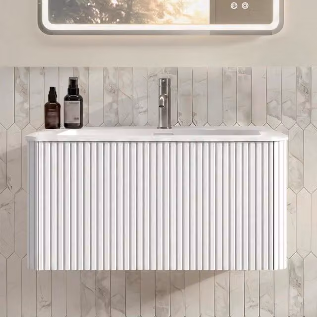 Lavabo sospeso 80 cm con mobiletto, minerale di quarzo, design scanalato, bianco, preassemblato