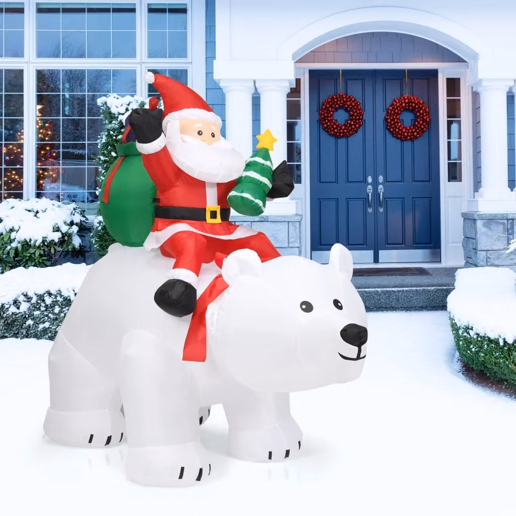 Decorazione natalizia gonfiabile Design Mania con Babbo Natale su orso polare, testa girevole, luci LED e poliestere impermeabile, multicolore, Altezza: 200 cm – 2