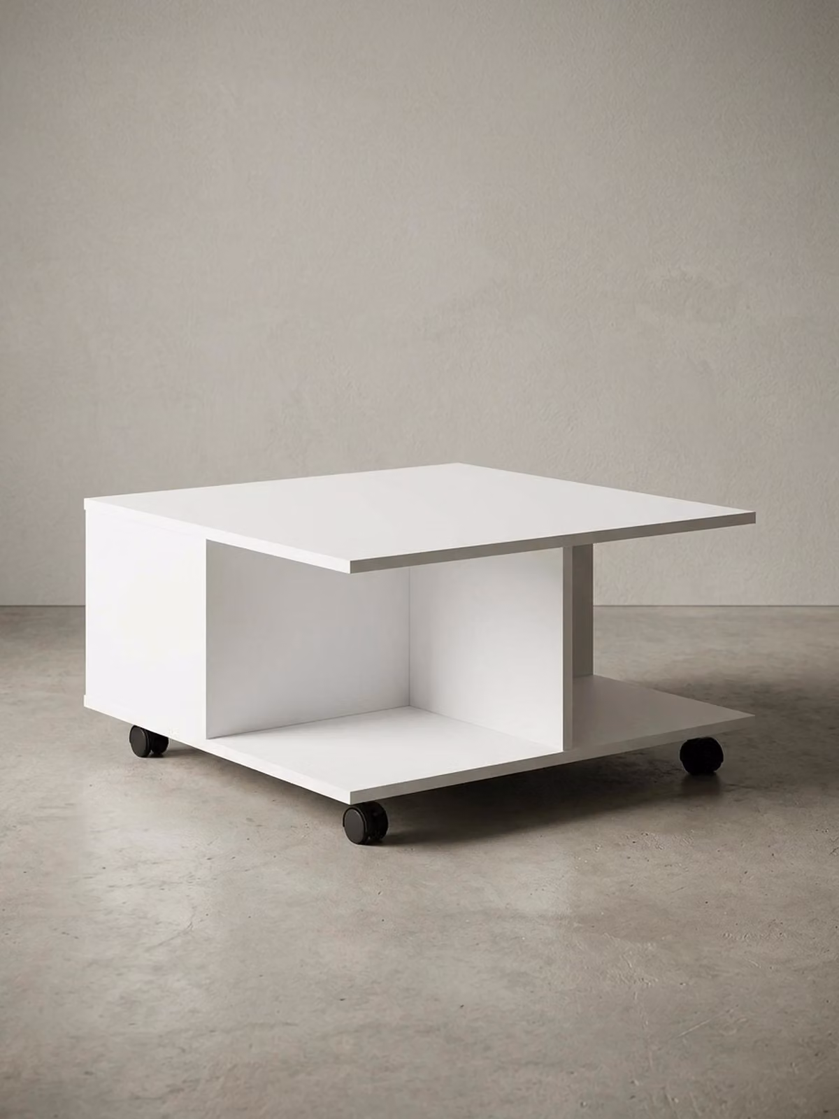 Tavolino design 70x70 cm bianco, tavolino da salotto con 2 cassetti, tavolino da divano con rotelle, tavolino con 2 scomparti
