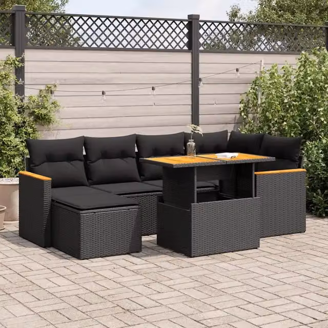 Set Divani da Giardino con Cuscini 7pz Nero Polyrattan Acacia 3327506