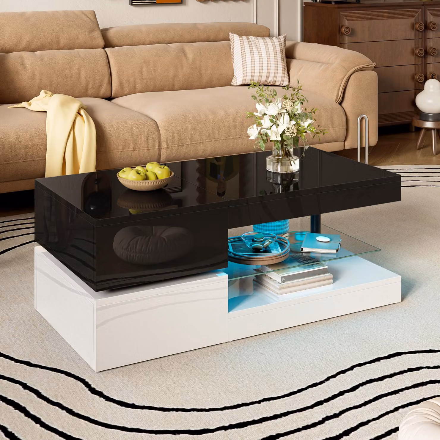 Tavolino Fortuna Lai con illuminazione ambientale a LED - controllo tramite app e Bluetooth, ripiano in vetro e superficie lucida, design bianco e nero per il soggiorno, 90x45x35,5 cm