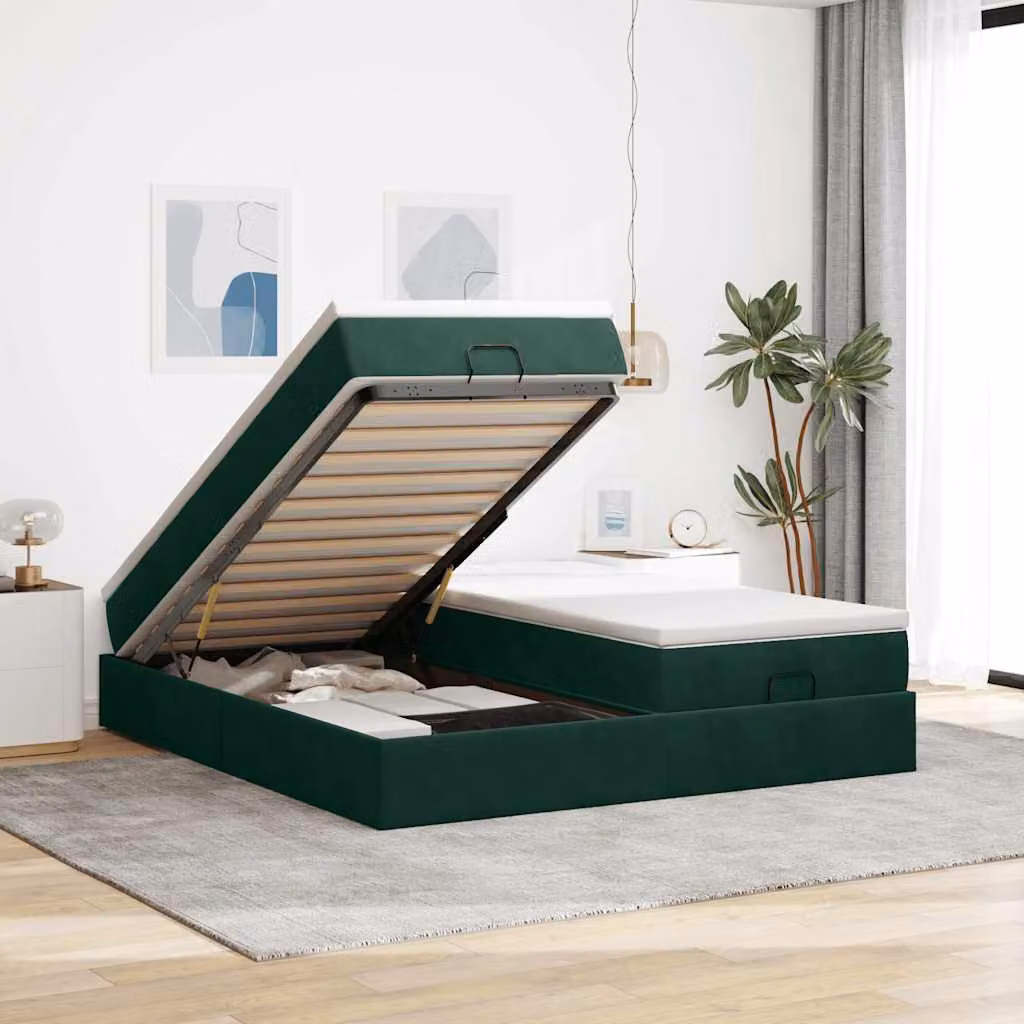 Struttura Letto con Contenitore e Materasso vidaXL in Velluto Verde e Bianco, L/P/H: 200 x 200 x 280 cm – 1