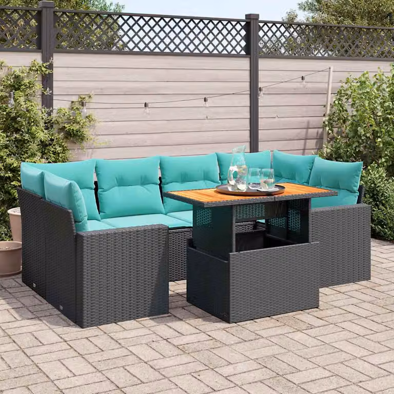 Set di divani da giardino vidaXL in polyrattan nero con 7 cuscini blu e struttura in legno di acacia oliato