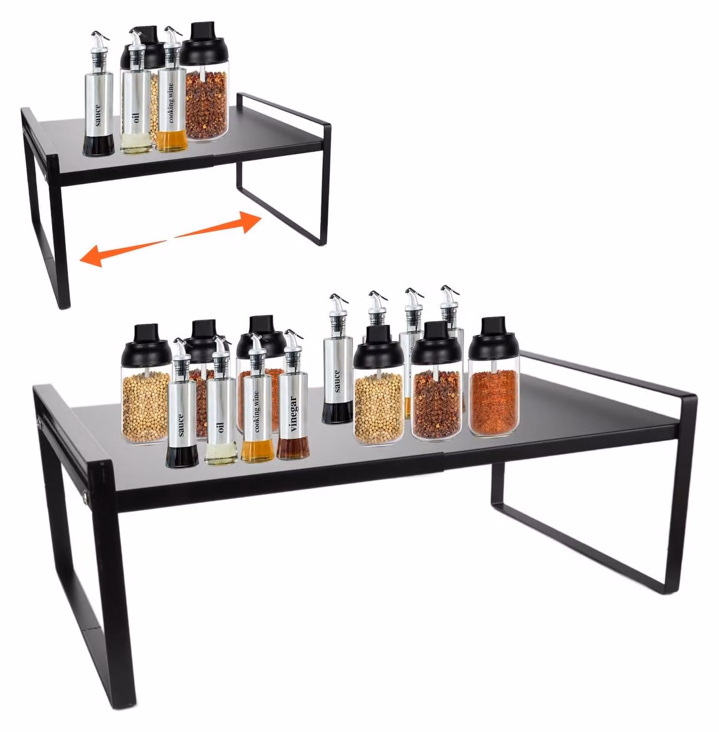 Organizzatore estensibile per scaffali da cucina, con 2 ripiani, colore nero
