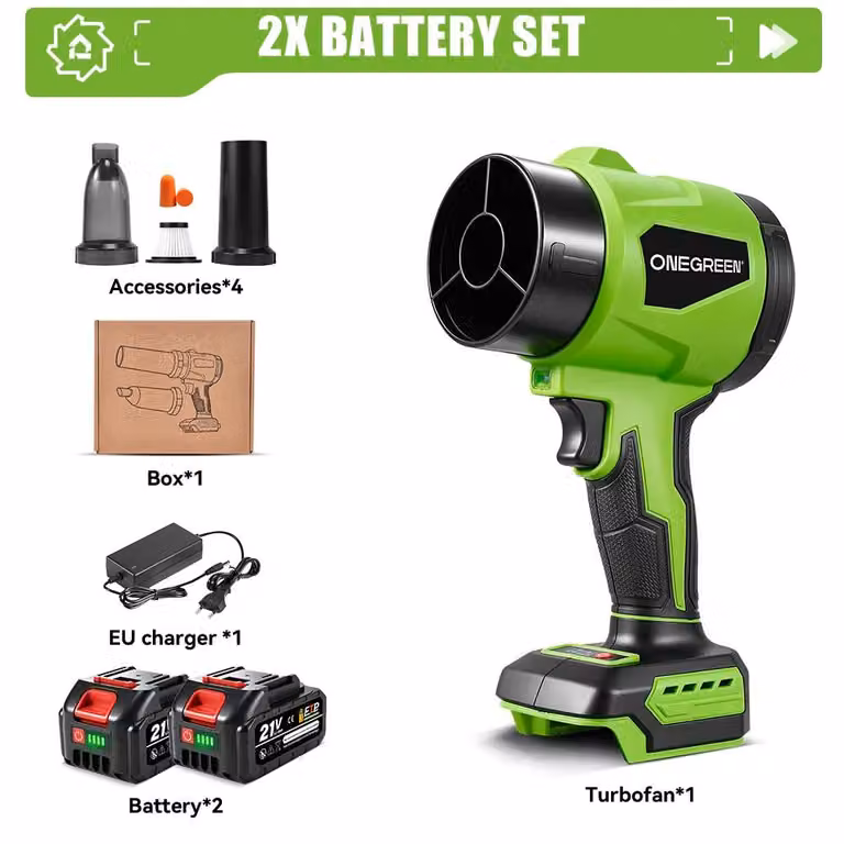 Soffiatore e aspirapolvere 2-in-1 senza fili - Potente turbina - 4000 W - Motore brushless - 350 m/s - Alta pressione - 2 batterie