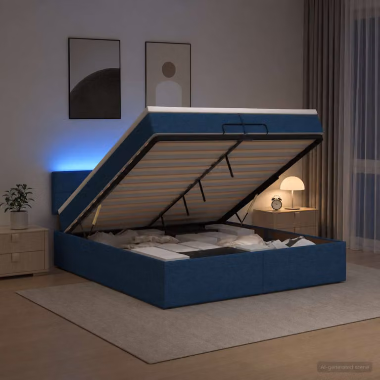 Letto Ottomano vidaXL con Materasso Ibrido, Illuminazione LED Sottostante e Porte USB, Tessuto Blu e Bianco, L/P: 200 x 200 cm