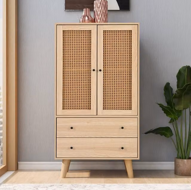 Madia alta in legno e rattan color marrone con ante e cassetti in stile scandinavo L: 120 cm, P: 40 cm, H: 40 cm