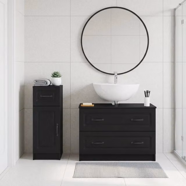 Set di mobili da bagno moderni vidaXL composto da 2 pezzi in MDF nero opaco con ante a cerniera e cassetti interni – 1