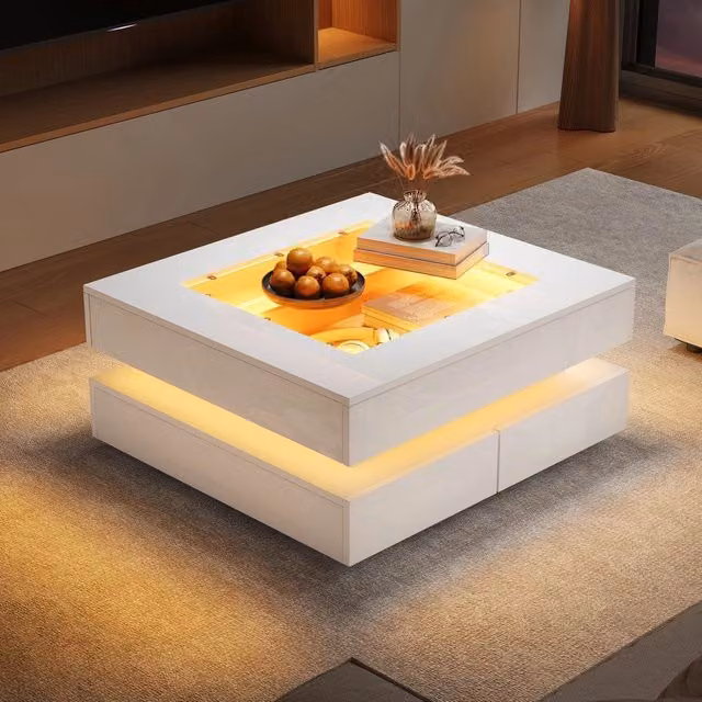 Tavolino da caffè Minimal bianco lucido con piano in vetro temperato, 3 cassetti e illuminazione LED, L/P/H: 70 x 70 x 35 cm