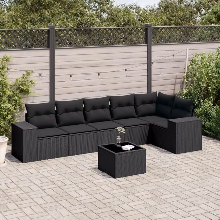 vidaXL Set Divano da Giardino a L con Polyrattan e Cuscini, 7 Pezzi, Nero