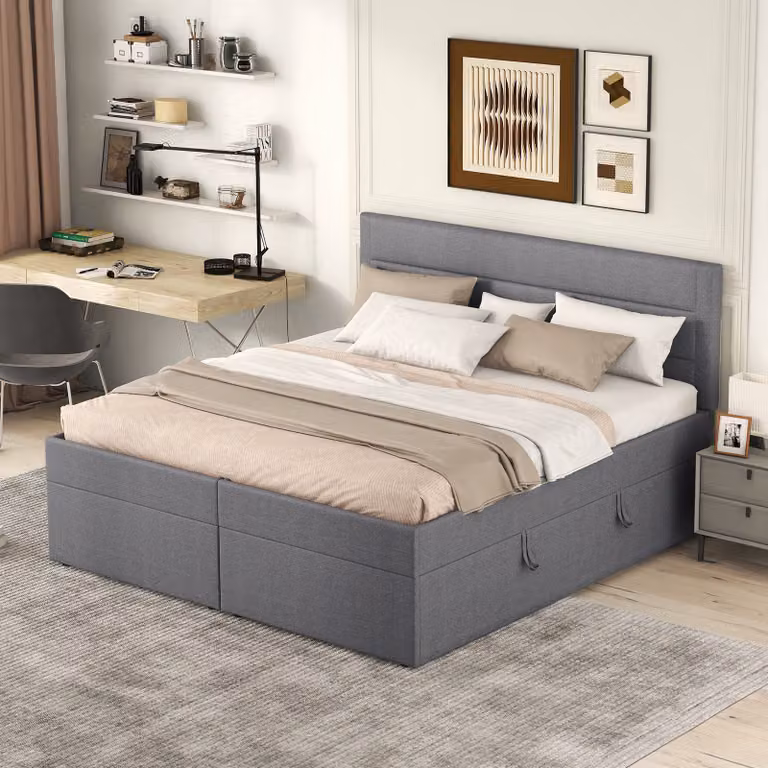MODFU, letto imbottito 140 x 200 cm, letto per bambini, letto matrimoniale con rete a doghe e contenitore (senza materasso), colore grigio