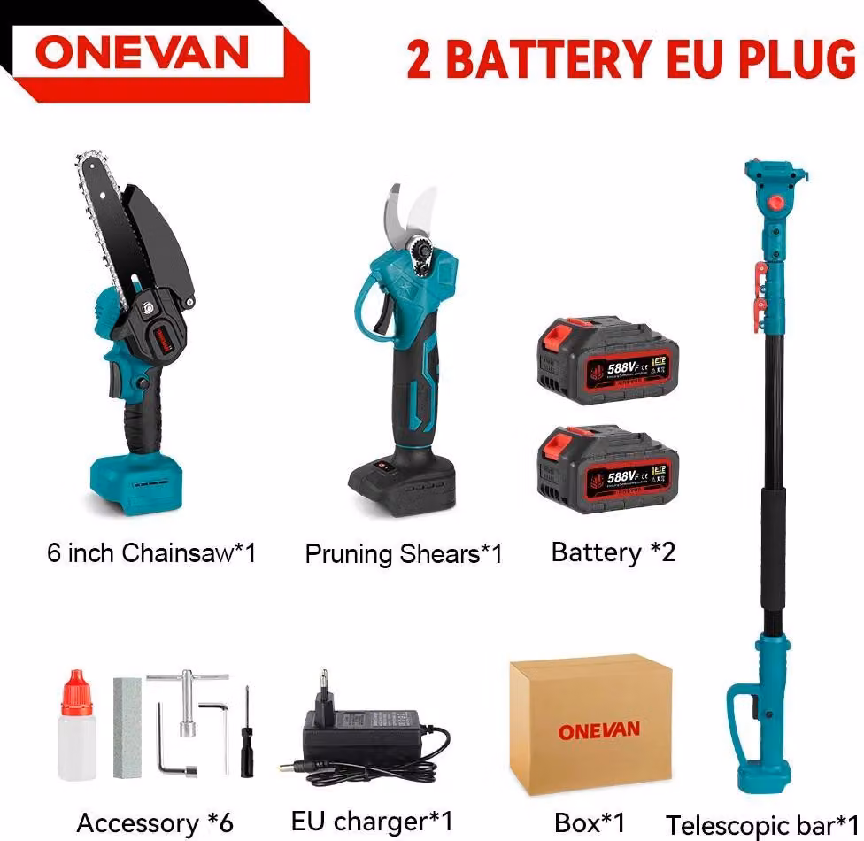 Motosega telescopica elettrica - Set 3 in 1 - Motore brushless - 18 V - 3500 W - 2 batterie incluse - Potatore telescopico - Braun