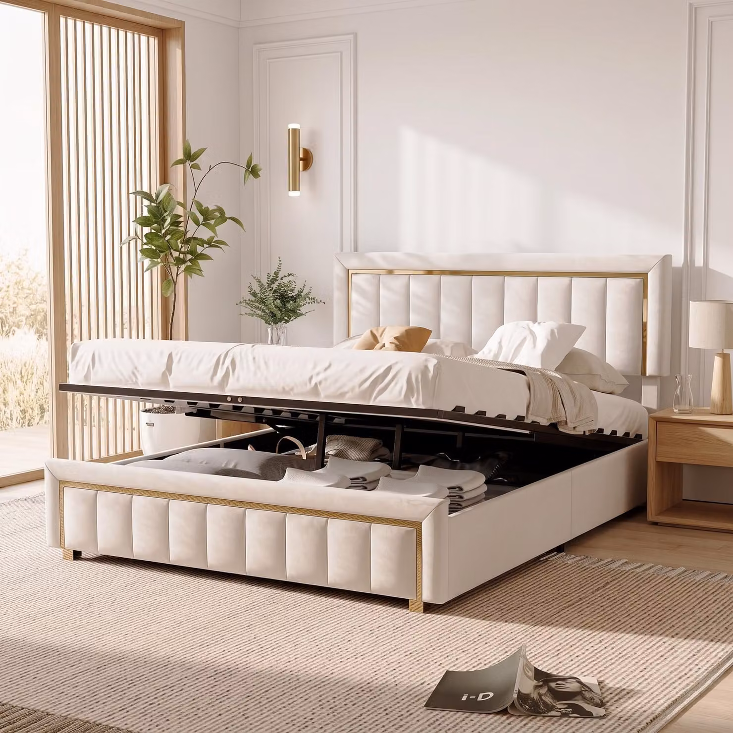 Letto contenitore con boxspring, imbottito, 140x200 cm, con spazio contenitore, letto matrimoniale con cassone, struttura letto idraulica con rete a listelli, velluto, beige
