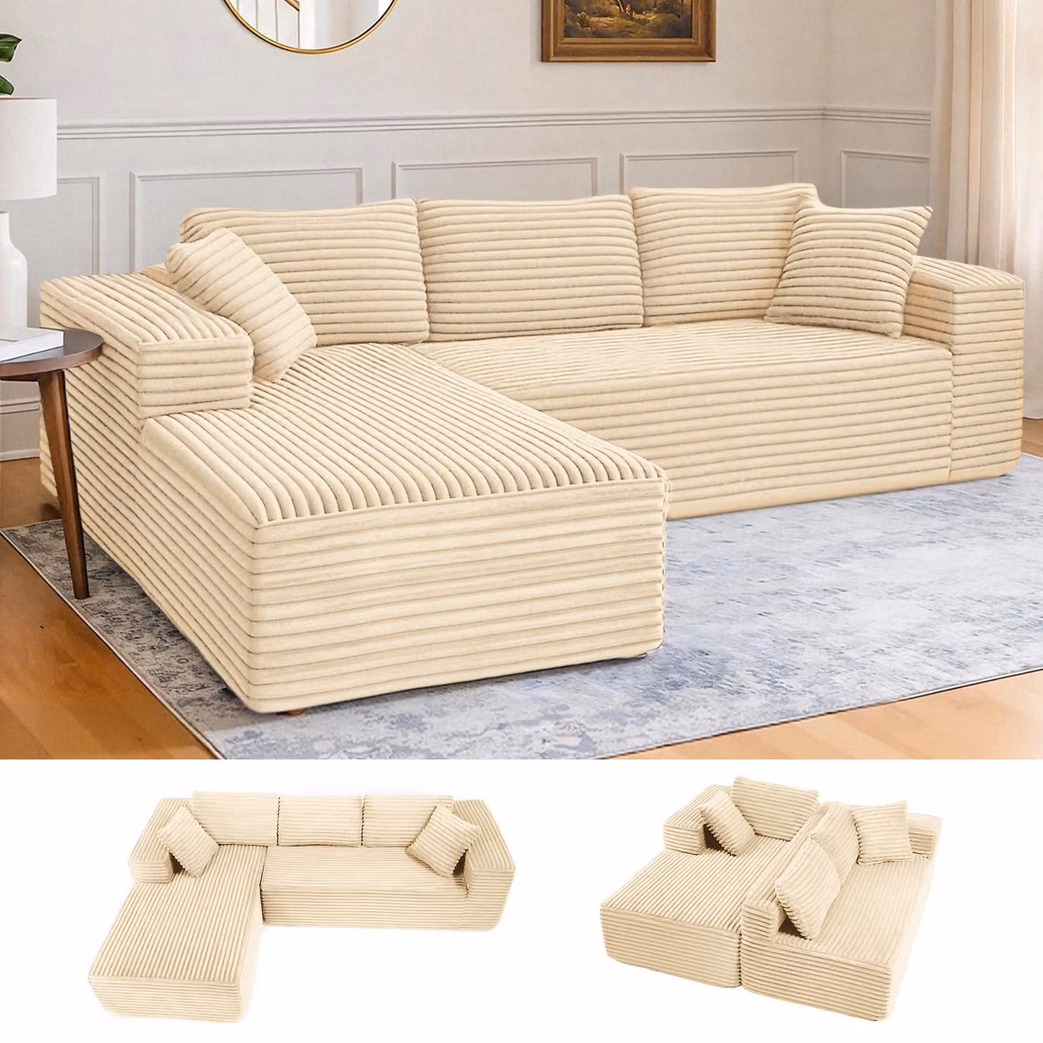 COMHOMASofa Divano grande, divano a L, divano angolare, divano letto chaise longue con seduta profonda e ampi braccioli, tessuto a coste, beige-R